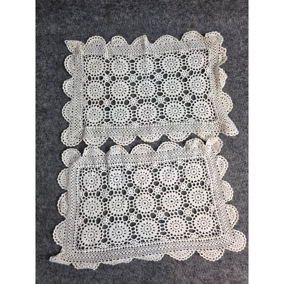 Handmade Crochet Lace Rectangular Doilies Set Of 2 White Floral Design 16”x10” - Picture 1 of 4